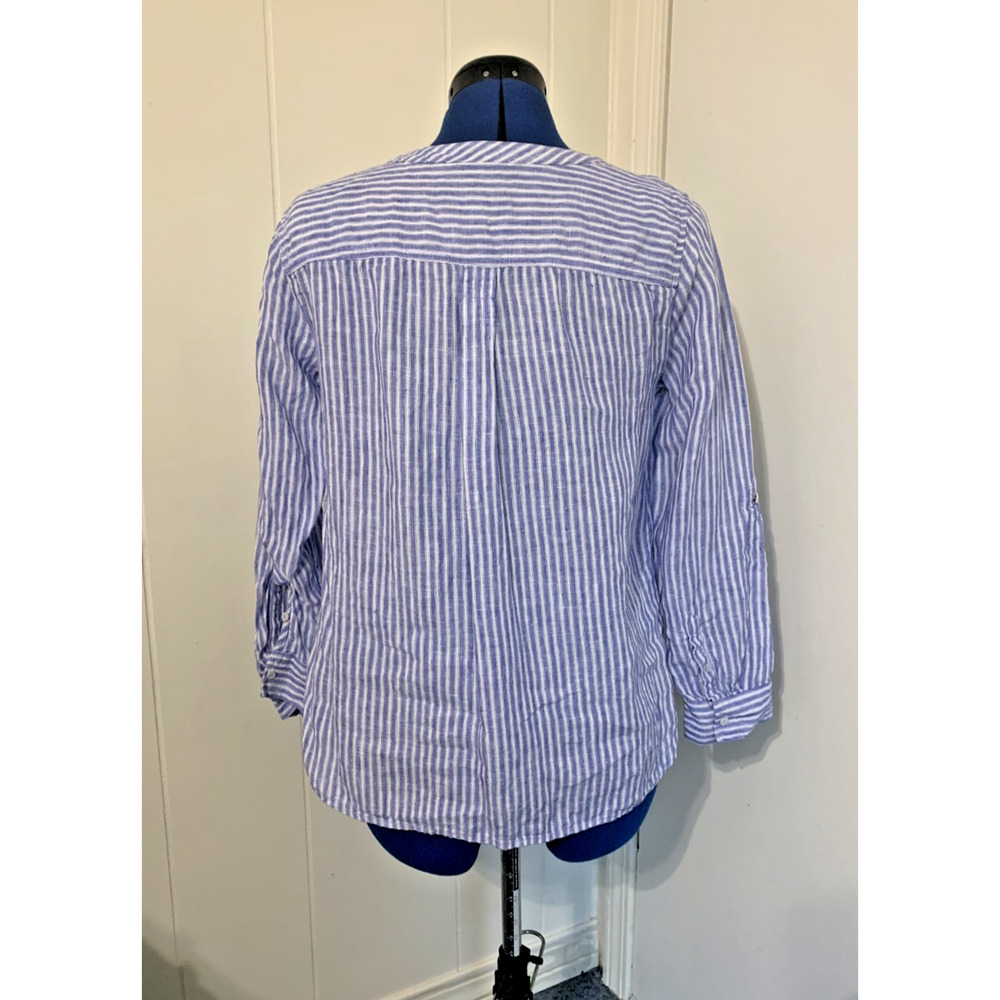 Talbots Linen Top Large Petite Blue Striped Nautical Roll Tab Sleeve Resort - Picture 4 of 10